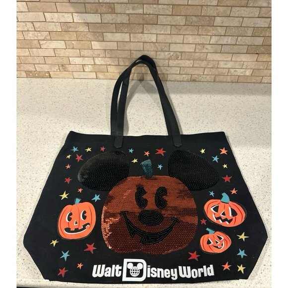 Disney Handbags - Walt‎ Disney World Halloween black canvas sequin pumpkin tote bag